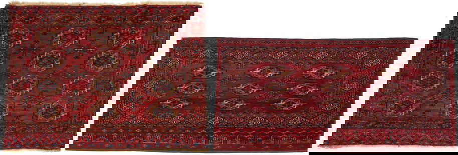 2 Antique Turkmen Yomut Torba rugs: Two Antique Turkmen Yomut or Yomud Torba rugs. 1st item: Antique Turkmen Yomut torba with a central red field containing three rows of three guls within three primary borders and a lower elim