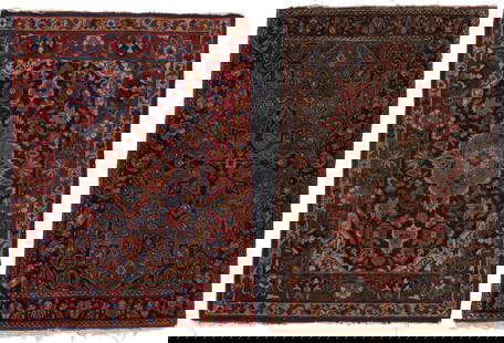 Two Persian Floor Rugs, Faraghan and Northwest Persian: 1st Item:&nbsp;Persian Farahan Sarouk area rug, wool on cotton, central medallion with salmon central ground on a larger shaped navy ground, ivory ground spandrels, all with scrolling foliate designs,