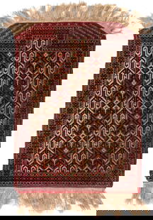 Antique Yomut or Yomud Salatch Cradle Cover: Antique Yomut or Yomud Salatch child's rug or cradle cover, wool on wool, six-sided mirhab form with geometric decoration throughout. Woven in colors of brick red, salmon, black, and