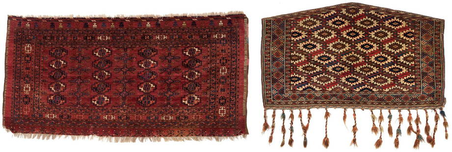 2 Antique Yomud or Yomut Turkmen Weavings, Asmalyk & Chuval: 1st item: Antique Yomud or Yomut Turkmen Chuval rug, wool on wool, central deep rust or brick red field with four rows of five guls. Woven in colors of rust, salmon, blue, red, and