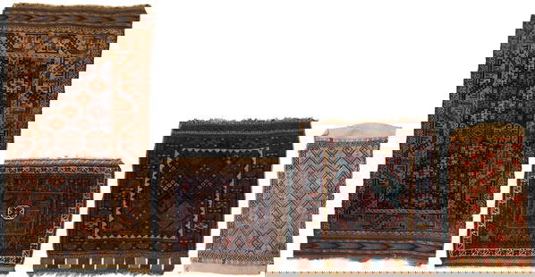 4 Antique Tribal Weavings, Kurdish & Baluch: Grouping of four (4) tribal weavings including: a Kurdish bag face with traditional geometric designs and lower fringe in blue, salmon, red and cream colors, 2 ft 1 in x 1 ft 11 in., Circa