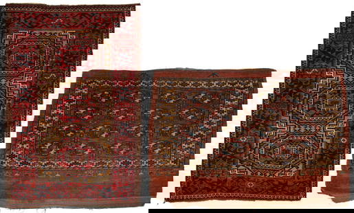 Antique Yomud Chuval & Persian Baluch: 1st item: Antique Persian Baluch rug with three large geometric medallions on a center gold field within one large red ground primary border with star and floral designs, Woven in colors of red, blue,