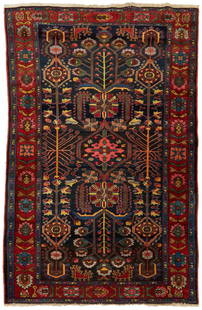 Persian Bakhtiari Carpet, 7' x 4': Persian Bakhtiari carpet, wool on wool, central navy ground with stylized medallion, floral designs, and figural dogs in jewel tones, within three primary borders, including a wide medallion design
