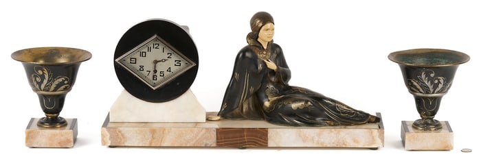 Large French Art Deco Figural Mantel Clock Set
