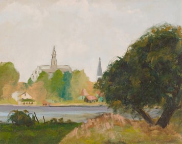 Louese Chinworth Landscape Painting w/ Church & River, Indiana Interest