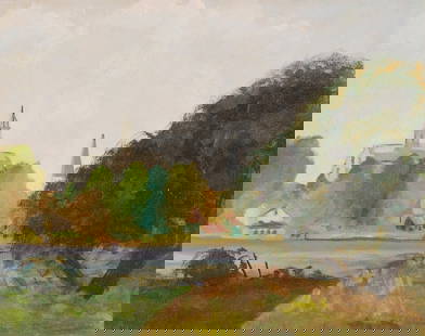 Louese Chinworth Landscape Painting w/ Church & River, Indiana Interest: Louese Chinworth (American/Indiana, 1904-1998) oil on canvasboard landscape painting with a large church that peers over a treeline which runs behind several small buildings on the far side of a river