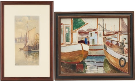 John Cook New England Watercolor Harbor Scene & Carl Von Hanno O/B, Harbor Scene