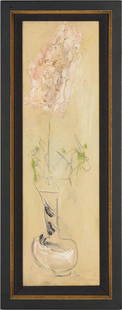 Sterling Strauser O/B Still Life, Flower in Vase: Sterling Boyd Strauser (American, 1907-1995) oil on board still life painting depicting a single pink flower in a clear glass vase set against a pale yellow or tan background. Signed and dated '77 low