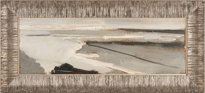 Sterling Strauser Panoramic Modernist Seascape: Sterling Strauser (Pennsylvania, 1907-1995) oil on board, abstract seascape painting rendered in shades of white, grey, and black. Signed lower right and additionally signed and titled "Seascape" en v