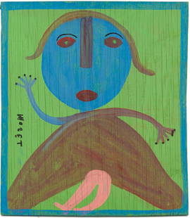 Mose Tolliver Outsider Art Female Figure on Green Background: Mose Tolliver (American/Alabama, 1925-2006)&nbsp;house paint on wood panel folk art painting that depicts a female figure in motion set against a bright green background. Signed lower left and&nbsp;in