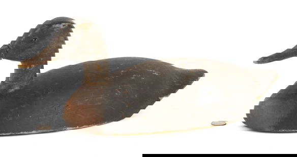 Billy Ellis Black Duck: Black duck decoy by Billy Ellis (Whitby-Oshawa, Ontario) with original paint and swiveling head. Billy Ellis fished and made gunning decoys at his shack on Story's Marsh, south of Whitby Island. His c