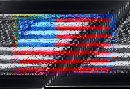 Tim Yanke Augmented Reality American Flag Signed Print, Yanke Doodle: Tim Yanke (American, b. 1962) augmented reality dye sublimation print on aluminum, "Yanke Doodle," 2019. A colorful border surrounds a gestural depiction of an American flag, with script lyrics from t