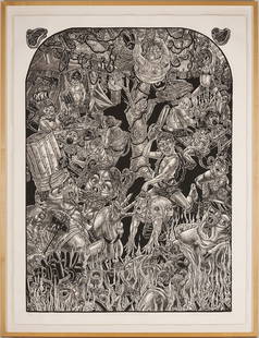 Large Tom Huck Woodcut, Pork Chop Suey: Oinktoberfest: Tom Huck (American/Missouri, b. 1971) woodcut, &quot;Pork Chop Suey: Oinktoberfest,&quot; 2007. Various figures, some&nbsp;seated at picnic tables, torture and consume&nbsp;meat products (including po