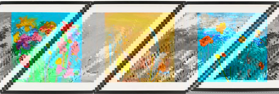 3 Daniel Phill Acrylic Botanical Paintings: Three (3) Daniel Phill (Washington/California, b. 1955) acrylic on paper gestural flower paintings, each with passages of impasto and rendered with vivid colors. Titled "Veld," "Loco," and "Snowdrop,"