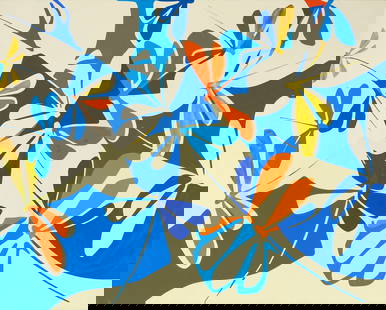 Large Jenifer Kobylarz Modernist Oil Painting, Caught: Jenifer Kobylarz (American/New York, b. 1962)&nbsp;oil on linen painting titled &quot;Caught&quot; that depicts&nbsp;dragonflies from various perspectives on white, blue, and pale yellow backgrounds.