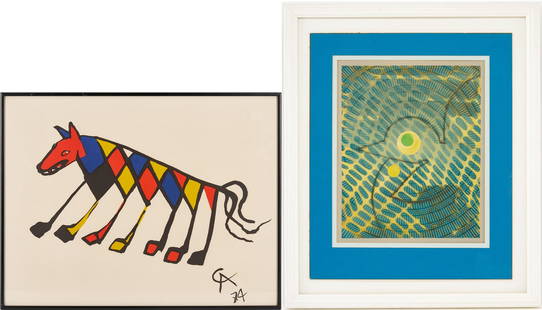 Two Modernist Animal Lithographs: Calder, Beastie, & Ernst, Blue Bird: 1st item: Alexander Calder (American, 1898-1976) color lithograph "Beastie" from the 1974 Braniff International Flying Colors Collection. Initialed and dated in the plate with The Flying Colors Collec