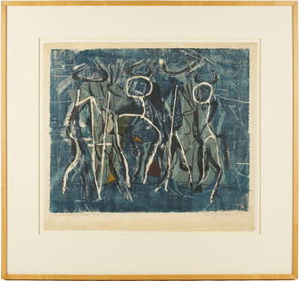 Rare Adja Yunkers Woodcut, The Gathering of the Clans: Adja Yunkers (American/Latvian, 1900-1983) color woodcut on Japan paper, "The Gathering of the Clans," 1952. Abstracted human or rampant animal forms depicted in an