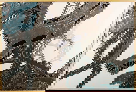 Large Nicola Lopez Woodcut on Mylar, Half-Life No. 4: Nicola Lopez (American, b. 1975) woodcut on cut-out Mylar, "Half-Life No. 4," 2007. Gray, blue, green, and black industrial metal forms weave together into a surreal, intricate tangle.