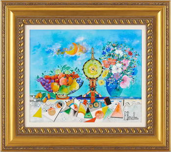Francois Boucheix O/C Surrealist Still Life Painting: Francois Boucheix (French, b. 1940) oil on canvas surrealist still life painting titled "Le Temps Passe Trop Vite" (Time Passes Too Quickly). A bouquet of flowers, bowl of fruit, and clock stand benea