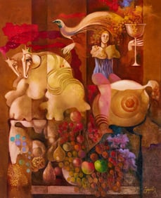 Josep Baques Surrealist Oil on Board Painting