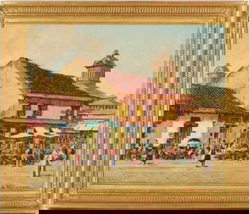 Oil on Canvas Market Scene, illegibly signed: Early 20th century oil on canvas painting depicting figures shopping in an open air market, illegibly signed lower right. Fluted giltwood frame with linen mat. Sight: 18 in H x 22 1/2 in W. Frame: 23