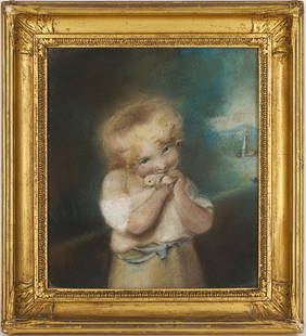 Small 18th C. Pastel Portrait Drawing, Child w/ Chick: Small European or American&nbsp;pastel portrait of a child in a landscape setting, wearing a white dress and clutching a chick under his or her neck. A church stands in the distance beyond a shadowy g