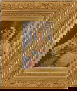 19th c. Continental School Painting, Woman w/ Jug: Continental School, late 19th-century oil on panel painting depicting a peasant woman with a brightly patterned apron,&nbsp;leaning against a doorway and holding a large pottery jug. Unsigned. Molded