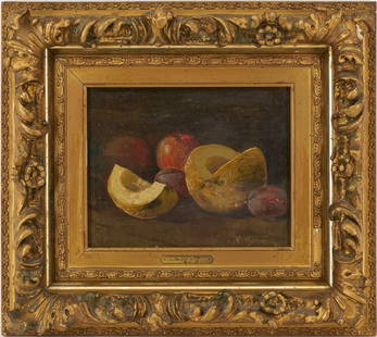 F. Bertini O/C Still Life with Fruit: Italian School oil on canvas painting depicting plums, apple&nbsp;and melon on a tabletop and set against a dark background. Signed &quot;F. Bertini&quot;&nbsp;lower right. Early to mid&nbsp;20th cent