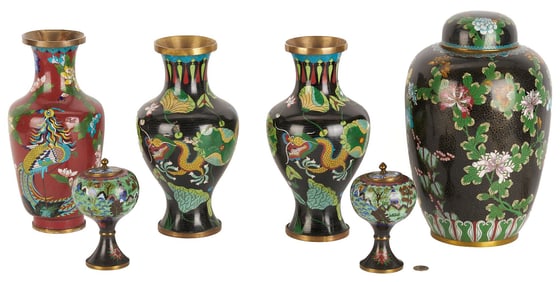 6 Cloisonne Enamel Vases and Jars