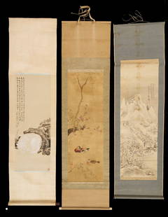 3 Asian Scrolls including Cat and Ducks: 3 Chinese or Japanese Scrolls, all watercolor on silk or paper and signed in calligraphy, mounted to damask backings. 1st item: Kakejiku depicting ducks in water with spring blossoms. Image