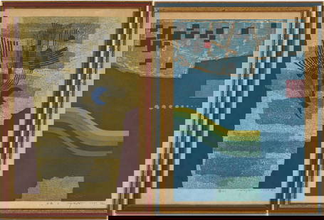 2 Fumio Fujita Abstract Woodblock Prints: Two (2) Fumio Fujita (Japan, b. 1933) abstract sosaku hanga color woodblock prints. Item 1: Woodblock print with organic forms set against a yellow field, with maroon elements to either