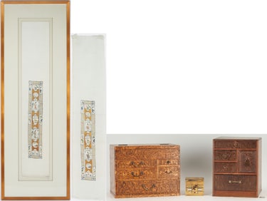 Two (2) Japanese Tansu Boxes, 1 Signed Miniature Lacquer Box & Pr. Chinese Silk Textiles