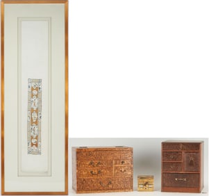 Two (2) Japanese Tansu Boxes, 1 Signed Miniature Lacquer Box & Chinese Silk Textile