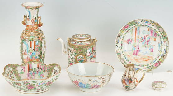 7 pcs. Chinese Export Porcelain, Famille Rose: Grouping of seven (7) Chinese export porcelain pieces including: a Rose Medallion vase with gilt dragon handles, a Rose Medallion bowl with a shaped rim, a Rose Medallion tea caddy, a Famille Rose foo