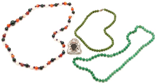 Four (4) Asian Jewelry Items, incl. Jade Necklaces & Dragon Brooch
