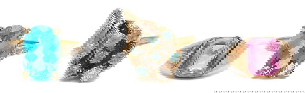 3 Gold & Gemstone Rings: 1st item: Ladies' 14K yellow gold ring featuring one (1) round brilliant diamond approximately 0.22 carats, Clarity-SI1, Color-I and six (6) blue topaz. The ring is marked "JS 14K" and XRF tests 14K