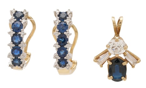 14K Diamond & Sapphire Pendant & Earrings