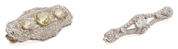 2 Art Deco Style 14K Gold & CZ Brooches