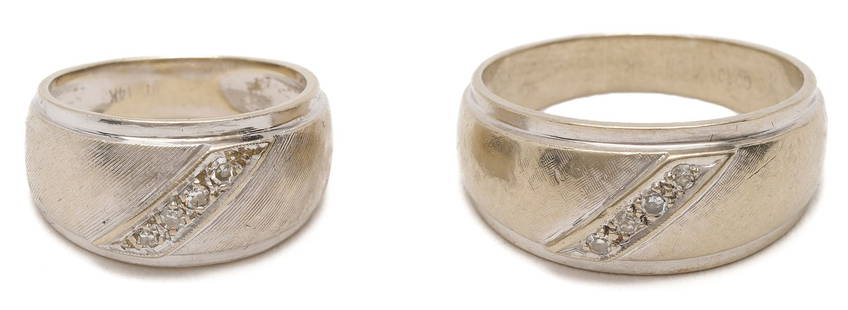 Two 14K Gold & Diamond Rings: 1st item: Gents' 14K white gold ring featuring four (4) single cut diamonds approximately 0.04 carats together, Clarity-SI1, Color-H. The ring is marked "Coronation 14K" and XRF tests 14K gold. The