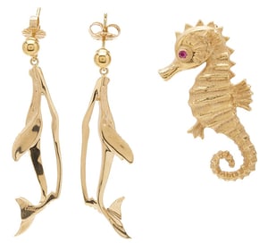 14K Gold Brooch & Pair of Earrings, Sea Creatures