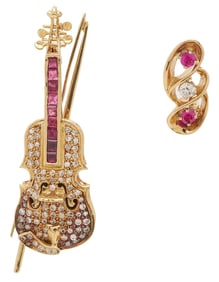 2 14K Gold, Ruby, & Diamond Brooches