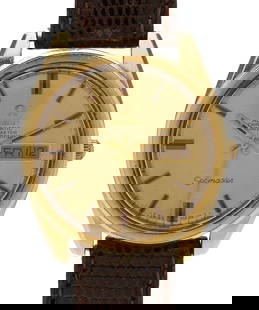 Vintage 14K Gold Cap Omega Seamaster Automatic Watch: Vintage 14K Gold Cap Omega Seamaster day-date automatic wristwatch. 14K yellow cap over a stainless steel case, back in stainless steel with sea horse monogram. Brushed watch face with black and gilt