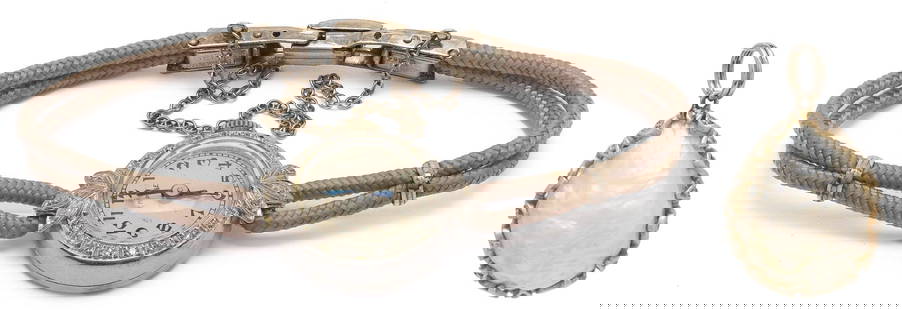 Platinum Watch & Pearl Pendant: 1st item: Ladies' Platinum Wristwatch featuring twenty-two (22) single-cut diamonds with a total weight of approximately 0.22 carats, Clarity-VS2, Color-G. The watch is marked '900 plat 100 ir