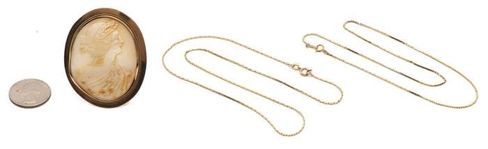 14K Gold Cameo & 2 14K Gold Necklaces