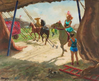 Margaret Sturgis O/C Circus Painting, Sarasota, Florida: Margaret E. Sturgis, (American/Maine, 1915-1991) oil on canvas titled "Big Top Back Door" depicting performers including a woman on horseback and an acrobat in the doorwa