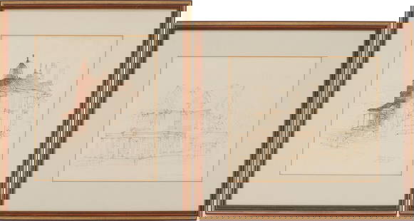 2 Carl Sublett Architectural Drawings of Historic Knoxville Houses: Group of two (2) Carl Sublett (Tennessee, 1919-2008) architectural drawings on paper depicting historic Knoxville houses, both rendered in sepia ink, titled, signed, and dated '64. One depicts a home
