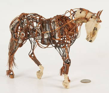 Aggie Zed Ceramic & Metal Horse Sculpture: Aggie Zed (American/South Carolina/Virginia, 20th century) contemporary mixed media sculpture consisting of a sculpted ceramic head and two feet and a mixed metal and wire torso, unsigned. 7 3/8