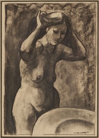 Meyer Wolfe Charcoal Drawing, Nude Woman at Basin