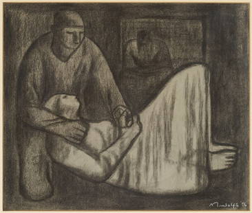 Meyer Wolfe Charcoal Drawing, Man w/ Reclining Woman: Meyer R. Wolfe (Tennessee/New York, 1897-1985) Cubist-influenced charcoal drawing on paper&nbsp;that depicts a man who embraces a reclining woman, possibly in labor, 1956. A third&nbsp;figure sits in