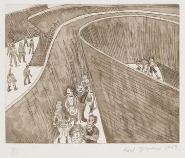 Red Grooms signed Etching, Heavy Metal: Red Grooms (Tennessee/New York, b. 1937) etching and aquatint with spitbite,&nbsp;&quot;Heavy Metal,&quot; 2009.&nbsp;A variety of figures find their way through a tall, winding maze.&nbsp;Signed, dat
